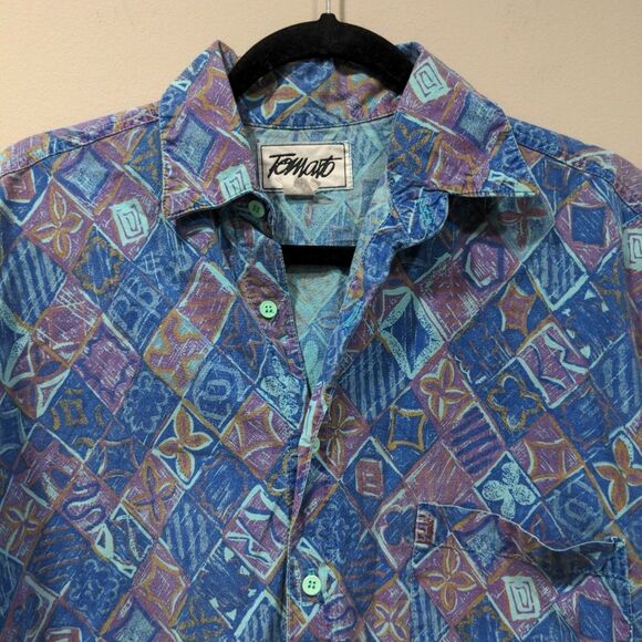 Vintage Tomato Mens SS Button Up Graphic Shirt Size L Blue Abstract Artsy 80s 90 - Picture 4 of 10